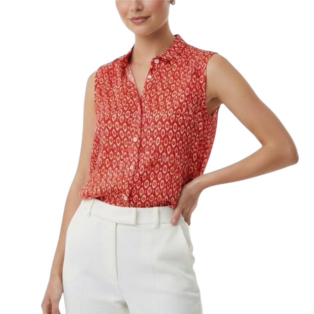 J Jill Button Front Sleeveless Collared Tunic Top Rayon Geometric Red Orange, M